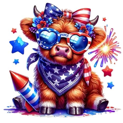 Cow Diamond Art Kits for Adults Independence Day Highland Cow Diamond Painting Kits for Adults Beginners DIY 5D Diamond Painting with Round Gem Art Kits for Gift Home Wall Decor 118x118inch