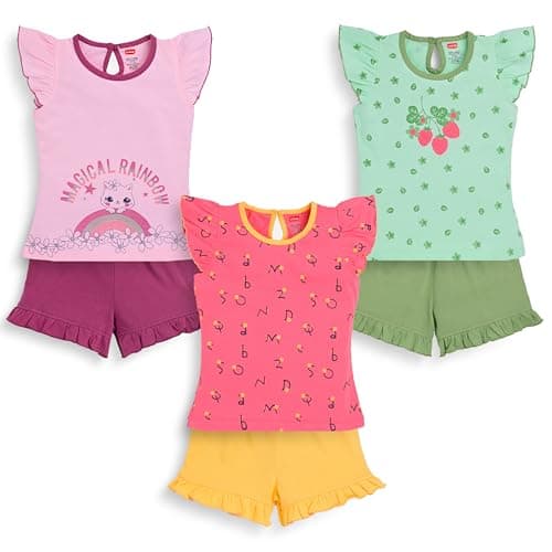 LuvLap Baby Girls Pack Of 3 Half Sleeve Top & Shorts Set 100% Cotton, XXL (18 to 24 Months), Printed, Multicolour