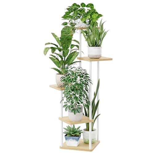 Bamworld White Plant Stand Indoor 5 Tier Plant Shelf for Multiple Plants Corner Flower Stand Metal Wood Plant Table for Patio Garden Balcony Living Room Bedroom