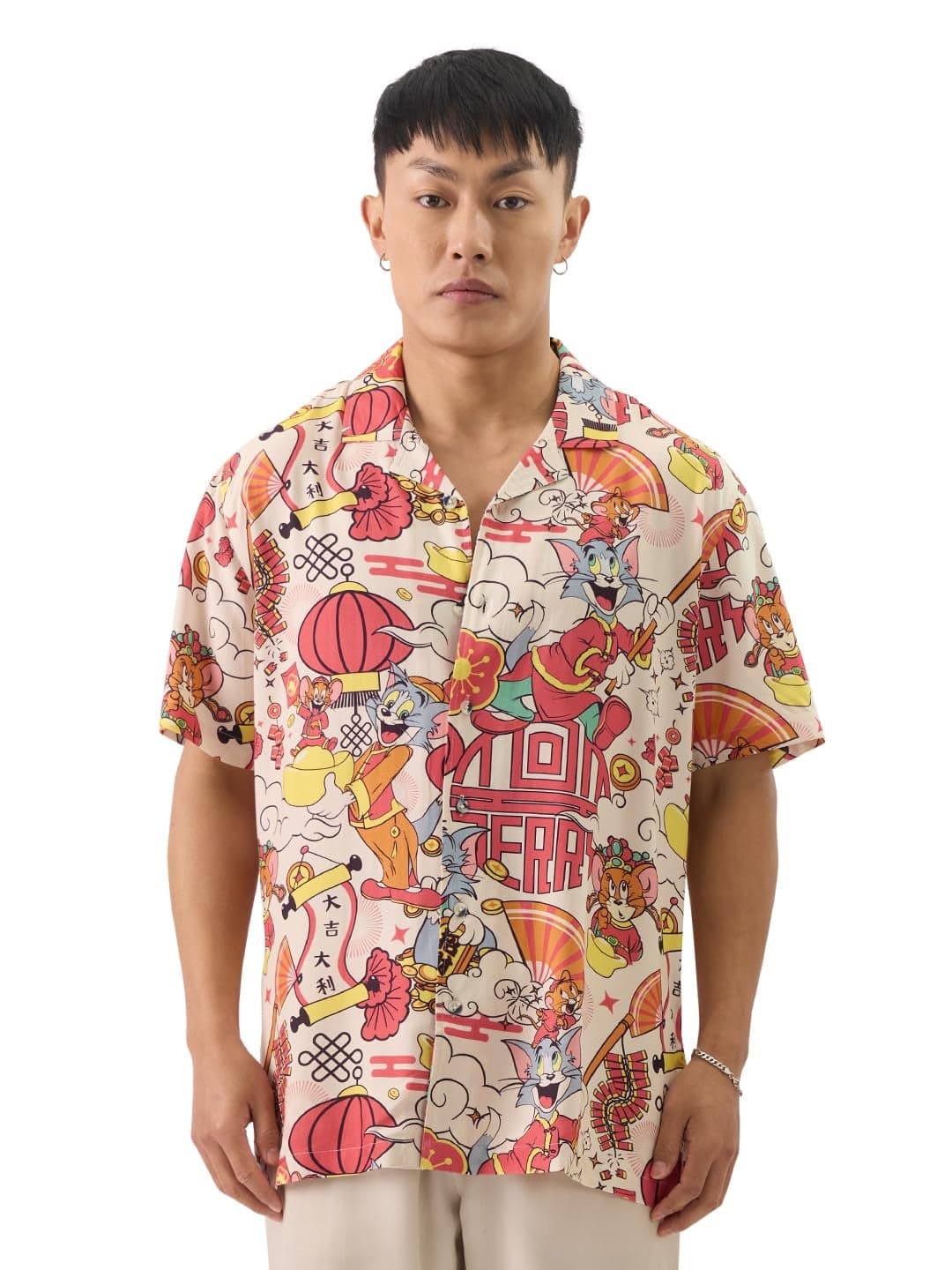 The Souled Store Official Tom & Jerry: New Year Men and Boys Short Sleeve Collared Neck Button Front Regular Fit Cotton Printed Shirts Multicolour Tom & Jerry Old Retro Cartoon 90s Animated