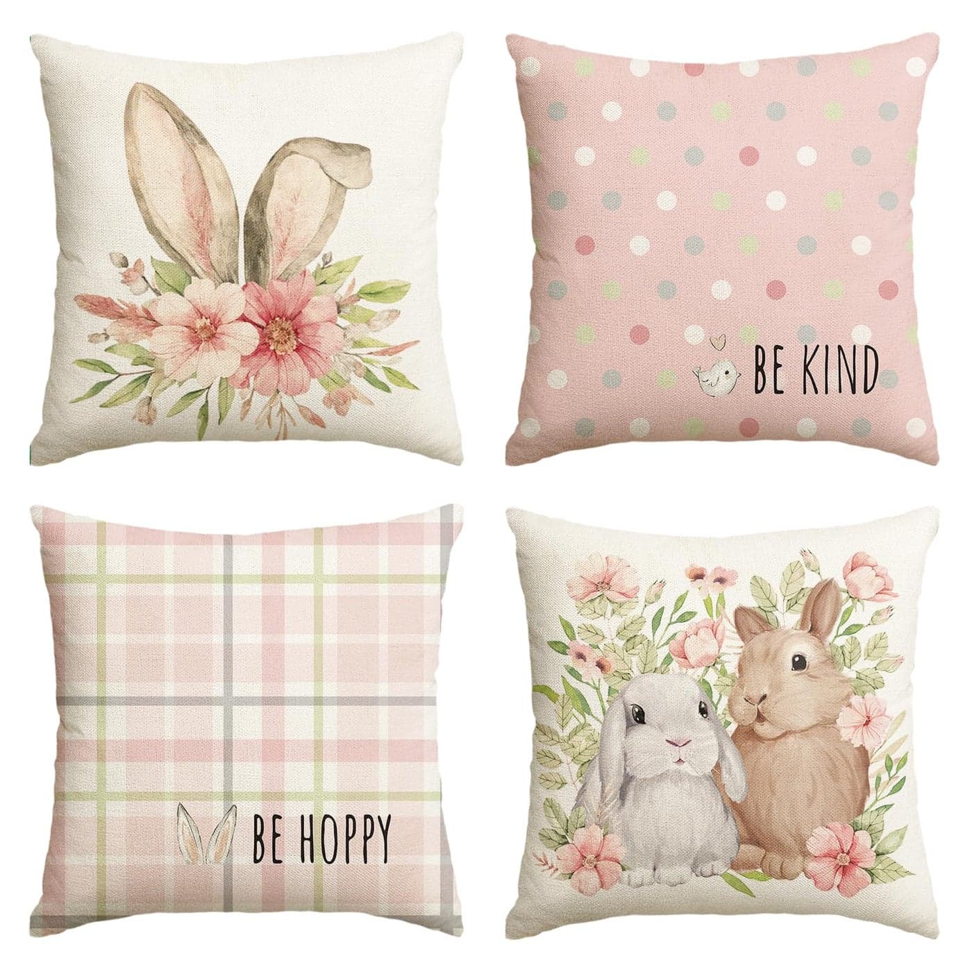 AVOIN colorlife Easter Rabbit Flower Buffalo Plaid Be Hoppy Throw Pillow Cover 18 x 18 Inch Polka Dot Bird Be Kind Cushion Case Decoration for Sofa Couch Set of 4