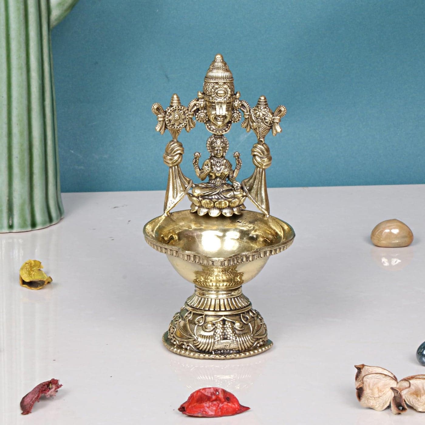 ARTVARKO Brass Tirupati Balaji with Goddess Lakshmi Diya Oil Lamp 55 inch