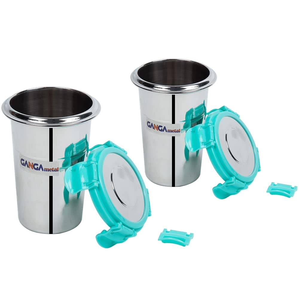 GANGAMETAL Stainless Steel Tumbler with Lid Glass Tumbler Steel lid Steel Glass with Lid Airtight Freezer Safe Capacity 400ML Silver Blue Set of 2