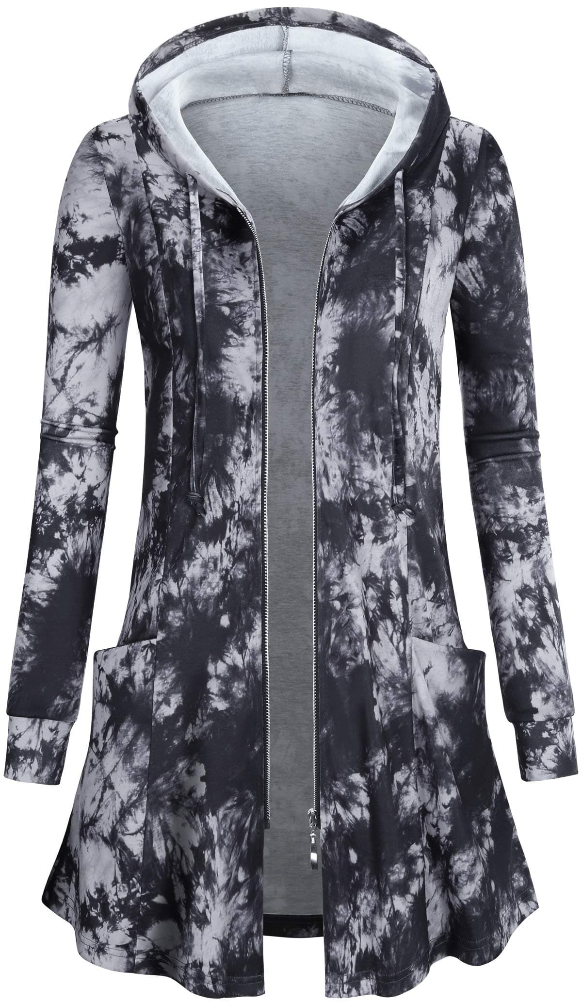 Miusey Tunic Sweatshirt for Women Zip Up Hoodie Oversized Outerwear Casual Long Sleeve Pocket Roomy Curvy Durable Lazy Styling Comfortable Beautiful Fabulous Black Tie Dye 2XL