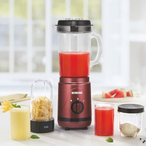 Borosil Nutrifresh Maroon Blender | 3 Jars (500ml & 1 L Blending Jar with 300ml Grinder Jar) | BIS Approved, Made in India Blender | Stainless Steel Blade, Compact Design | 2 Year Warranty