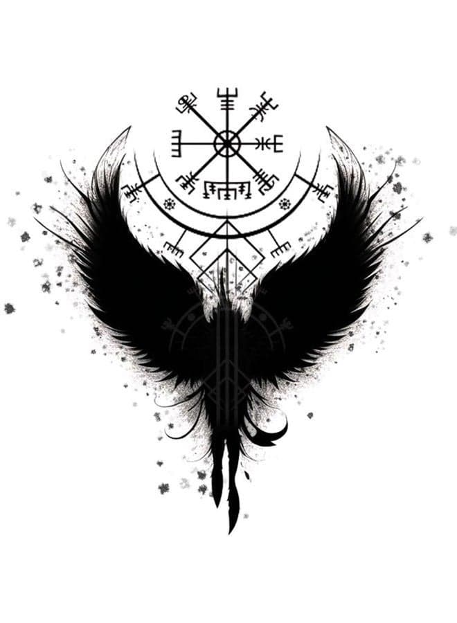 6 Sheets Temporary Tattoo Helm of Awe Viking Symbol Viking Fake Tattoos Norse Wing Tattoos Neck Chest for Women Men Adults(No more Sticky)