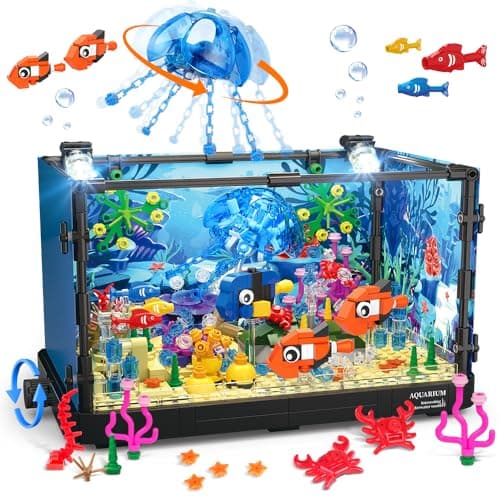 HOGOKIDS Fish Tank Building Set with LED Light Movable Aquarium Building Toys for Adults Kids 725PCS Creative Aquarium Toy with Jellyfish Fish Animal Educational Gift for Boys Girls Age 814
