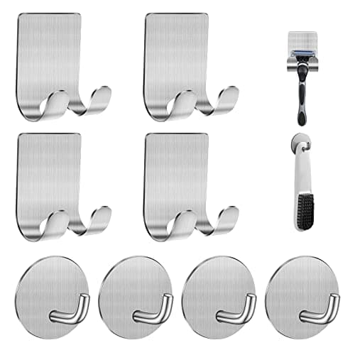 Diesisa Razor Holder for Shower + Adhesive Wall Hooks, Premium 304 Stainless Steel Shower Razor Holder with Heavy Duty Waterproof Sticky Hooks for Hanging Towels, Coat, hat (4+4 Pack) - Black