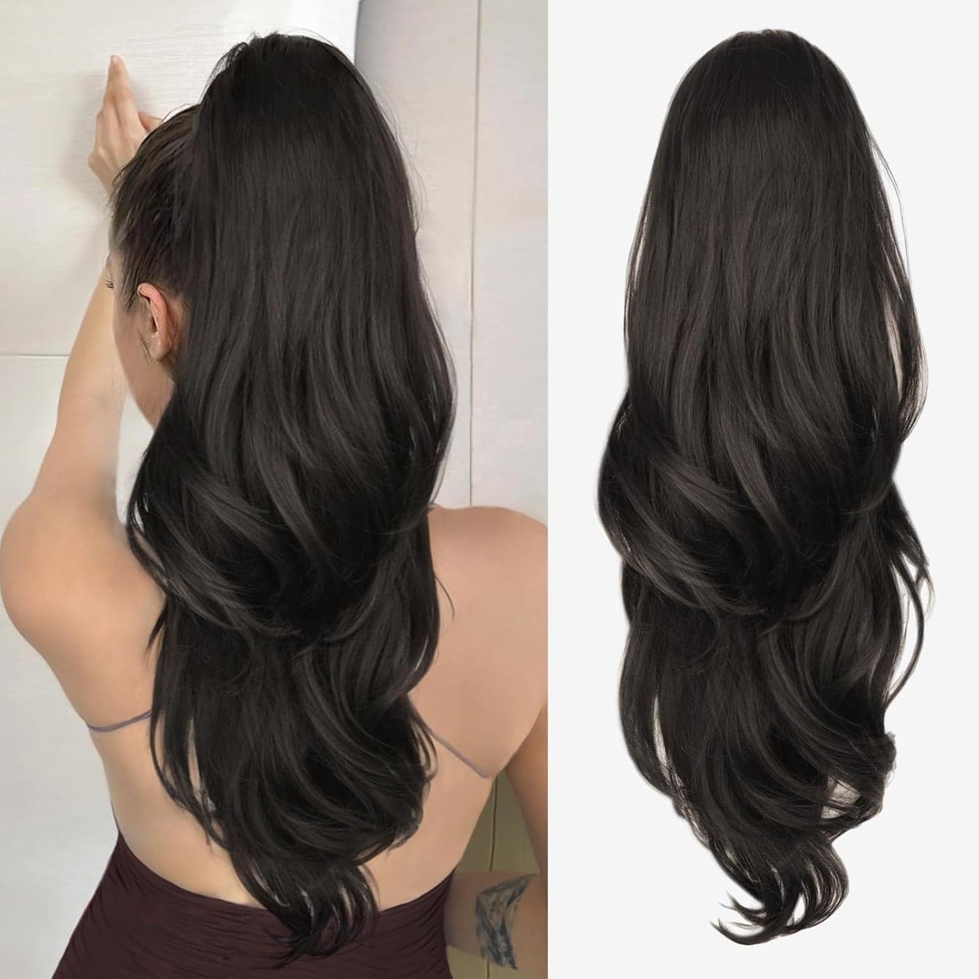 Ponytail Extension Drawstring Ponytail Extension for Women 26 Inch Long Dark Brown Wavy Layered Pony Tails Hair Extensions Synthetic Clip in Ponytail Hairpiece for Women