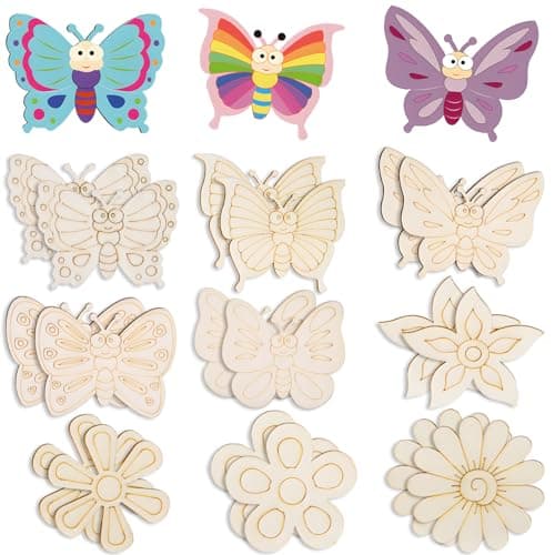 26PCS Wooden Butterflies Flowers Ornaments to Paint Various Sizes and Shapes Butterflies and Flowers DIY Blank Unfinished Wood Cutouts Ornament for Home Crafts Hanging Decorations