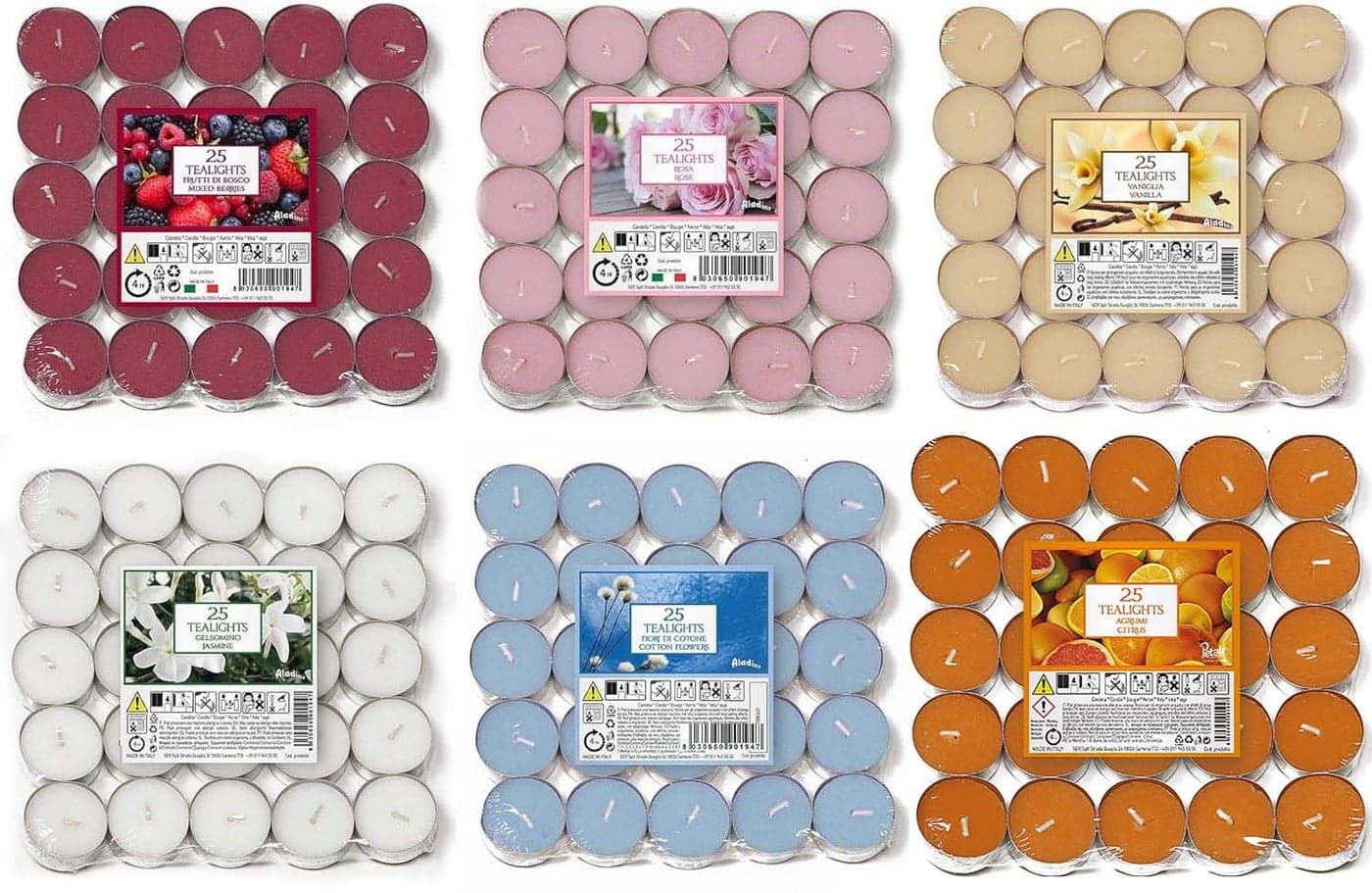 Prices Petali Brand 150 Tea Lights Candles Scented Tealights 25 x 6 Scents Mixed Pack Cotton Flowers Mixed Berries Citrus Rose Lavender Cinnamon