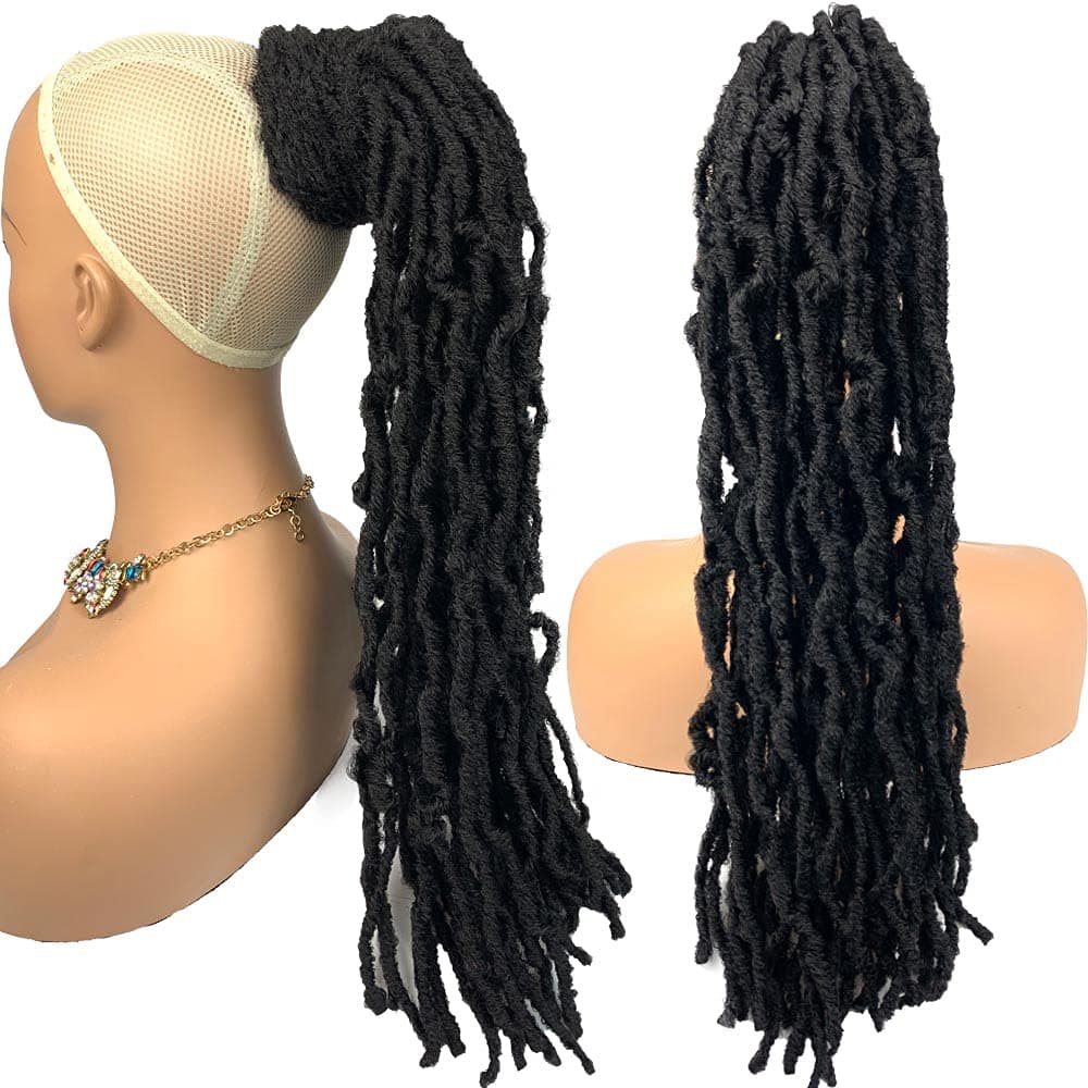HAPPYCC Braided Drawstring Ponytail Long Nubian Locs Hair Pieces Ponytail Bun Clip in Braiding Hair Drawstring Ponytail Crochet Braids Hair Extensions for Black Women1B 20