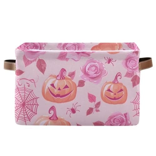 Storage Basket Halloween Pumpkin with Pink Rose Canvas Collapsible Box Organizer Bin with Handles