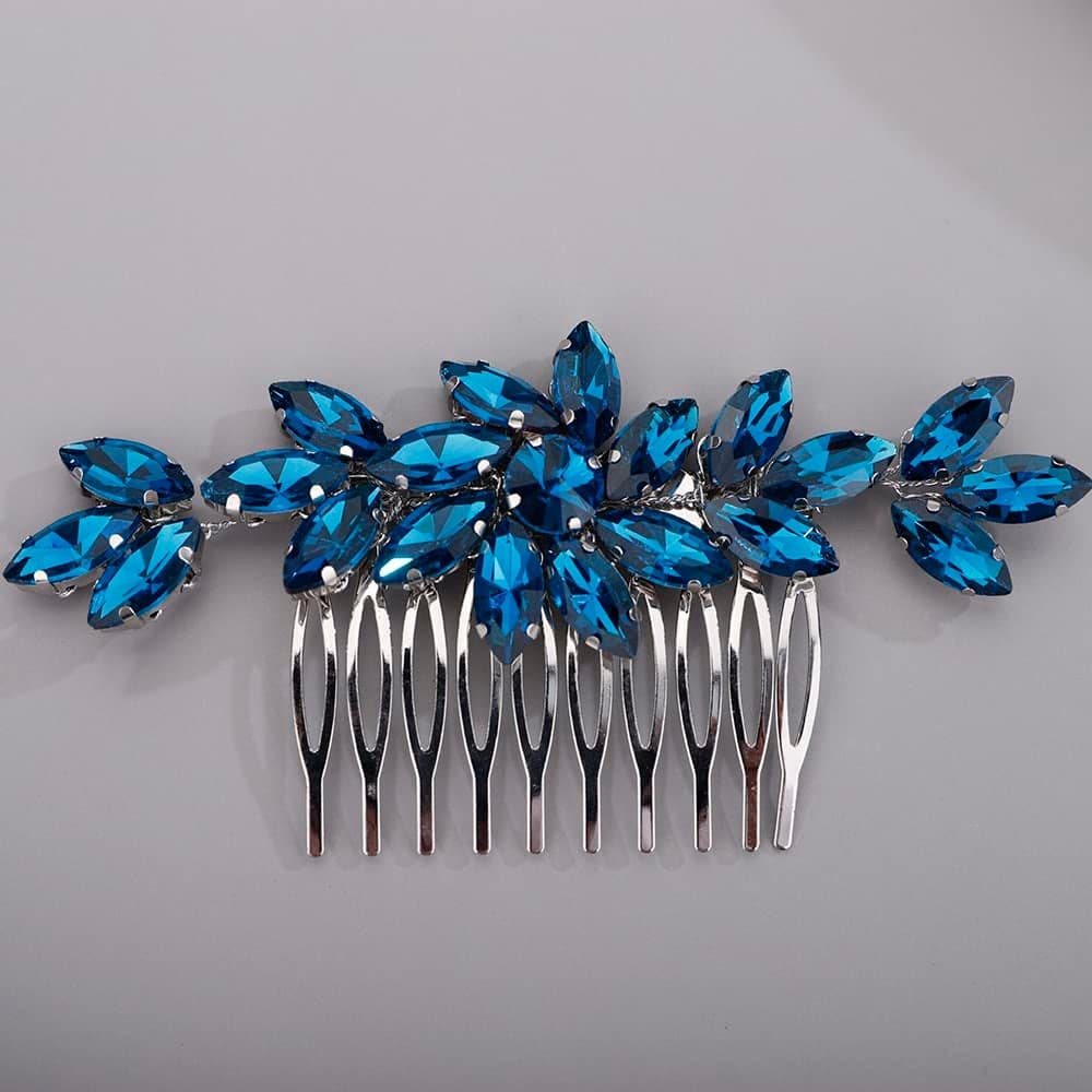 Crystals Hair Comb for Bride for Women for Girls Cute Flower Hair Comb Slide MultiColor peacock blue