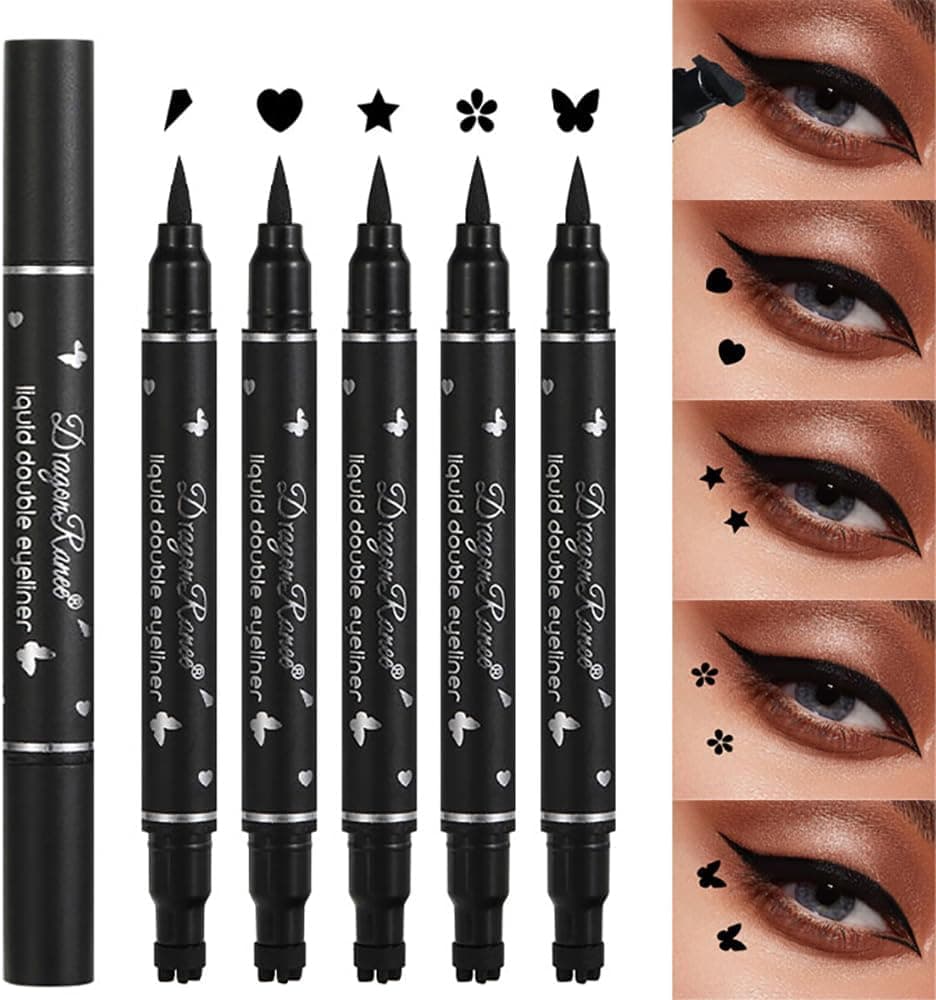 Dulele 5 PCS Black Liquid Eyeliner Stamp Pen Set DoubleHeaded Waterproof SmudgeProof Eyeliner Long Lasting Eyeliner Pen Tattoo Makeup ToolHeartFlowerStarButterflyTriangle Seal Stamp