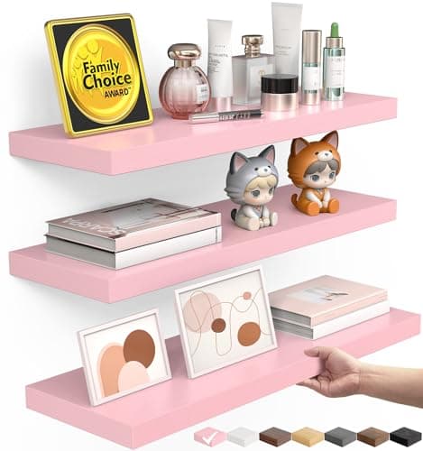 BAYKA Pink Floating Shelves for Wall Set of 3, 15.7in Wood Wall Shelves for Bathroom, Bedroom, Living Room Decor Organize, Hanging Shelf for Books/Storage/Display with 22lbs Capacity