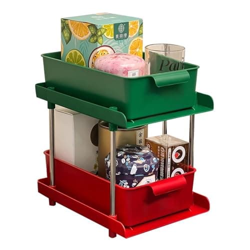 House of Quirk Plastic Under Sliding Shelf Cabinet Basket Organizer, 2 Layer Storage Under Cabinet Bathroom Under Sink Organizers and Under Sink Storage for Bathroom Kitchen (Green/Red)