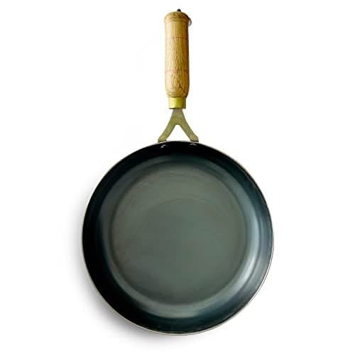 Kichera Iron Fry Pan with Wooden Handle 24cm/10 inch, 1.5Ltr, 1kg | Gas Stove and Induction Friendly | Pre-Seasoned Black Flat Sheet Metal Iron Traditional Frying Pan