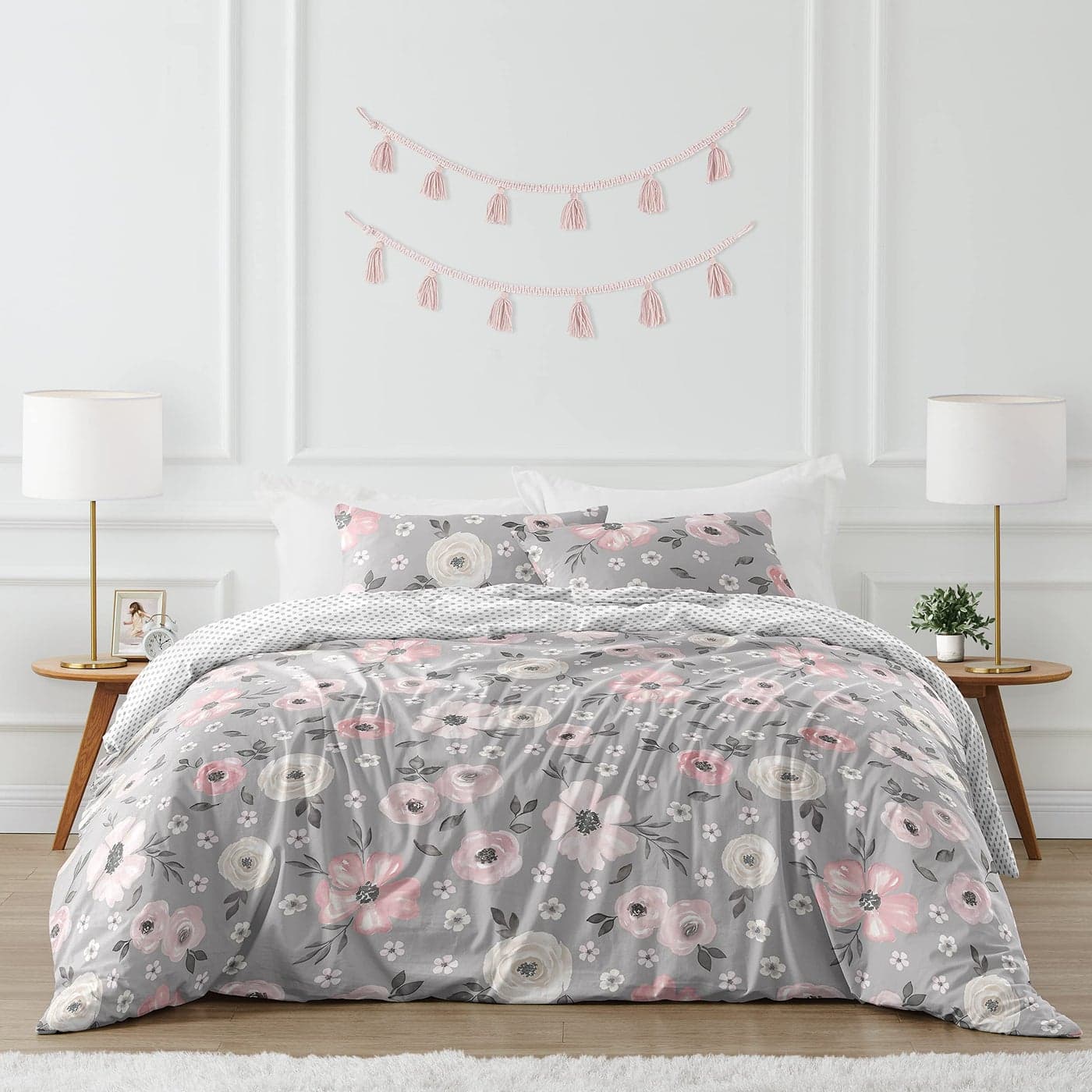 Sweet Jojo Designs Grey Watercolor Floral Girl FullQueen Bedding Comforter Set Kids Childrens Size 3 Pieces Blush Pink Gray and White Shabby Chic Rose Flower Polka Dot Farmhouse