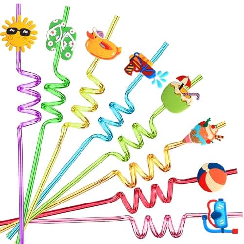 24 Summer Crazy Straws for Kids Bulk Pool Party Favors for Kids Birthday Beach Party Decorations Supplies Back to School and End of Year Student Gifts with 2 Cleaning Brushes