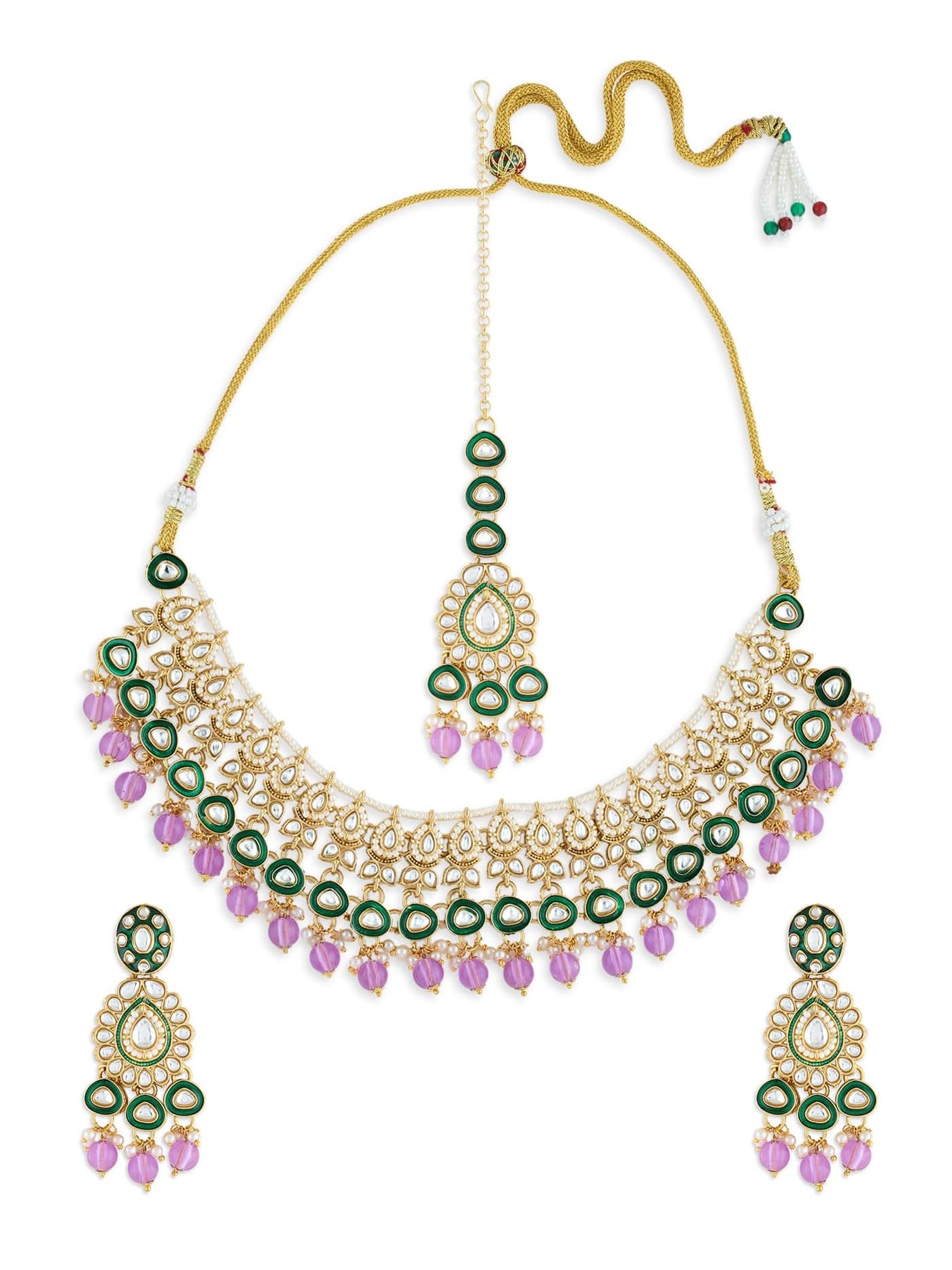 ZAVERI PEARLS Green Meenakari Purple Beads Kundan Bridal Necklace Earring & Maangtikka Set For Women-ZPFK21287
