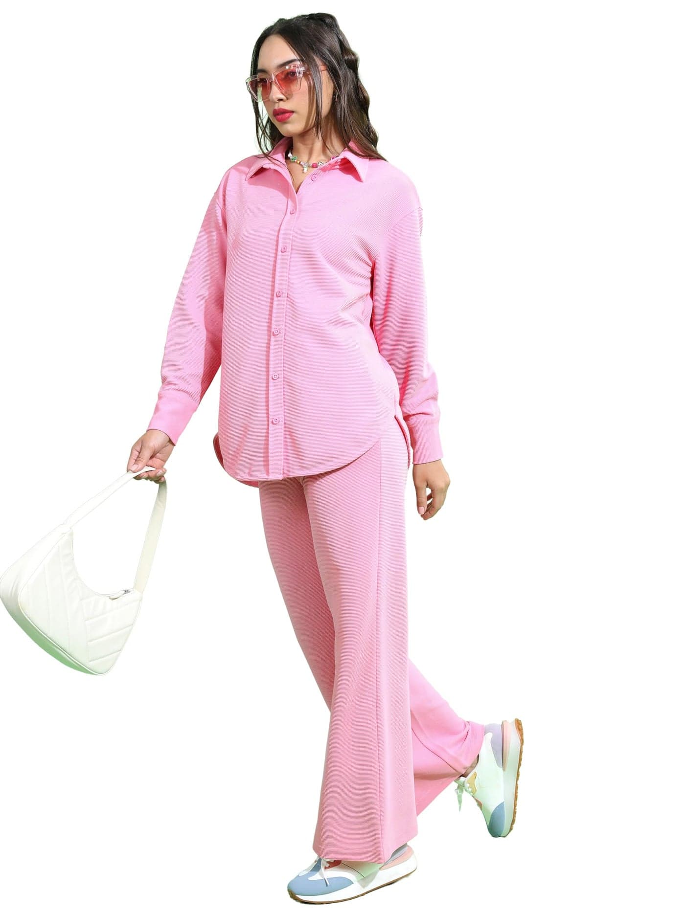 Tokyo Talkies Women Solid Shirt With Wide Leg Trouser