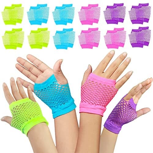 Novelty Place 12 Pairs of Fingerless Fishnet Neon Gloves for Women and Girls Perfect for 80s 90s Theme Parties Raves and Festivals Vibrant Neon Wrist Gloves