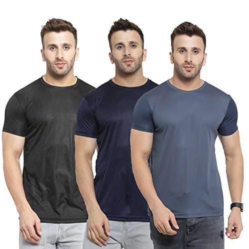 TQH Men's Slim-Fit Polyester Half Sleeve Round Neck T-Shirts - Combo of 3 (Medium, Black, Navy Blue, Grey)