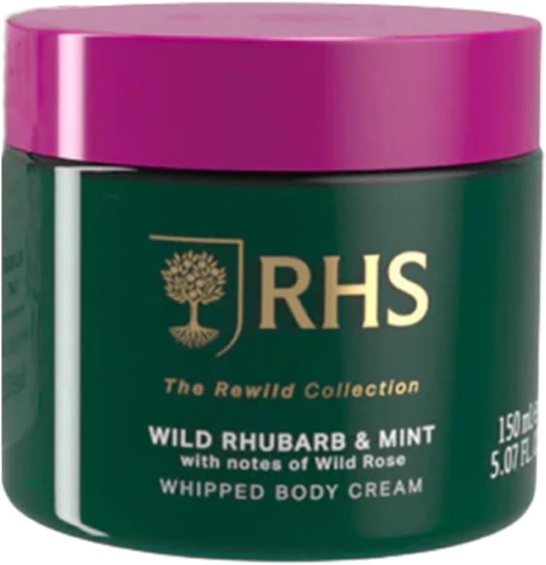 RHS Rewild Rhubarb and Mint Whipped Body Cream Lightweight Moisturising Body Cream with Shea Butter Leaves Skin Soft and Freshly Scented 150 ml