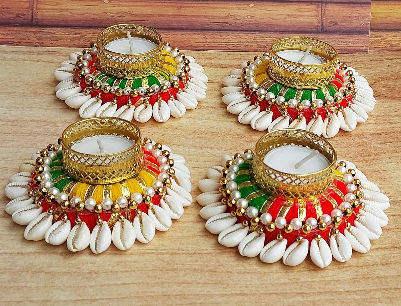 Forty Wings 4 Pcs Beautiful Kodi Beaded Multi Decorative Diya Tealight Candle Holder Rangoli Diwali Pooja Diya Candle Diwali Lighting for Wedding Festival Decoration and Gift Set