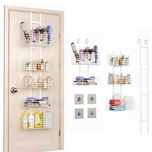 Yuyetuyo 5Tier Over The Door Organizer Bathroom Shelves Hair Tool Organizer Hair Dryer Holder Adjustable Height DIY Bathroom Storage Shelf Wall Mounted Behind The Door Storage