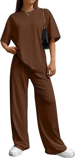 My Swag Cotton Co Ords Set Half Sleeve Solid Round Neck T-Shirt & Trouser Loose-Fit Casual Two Piece Pajama Set Outfits for Women & Girls, Brown