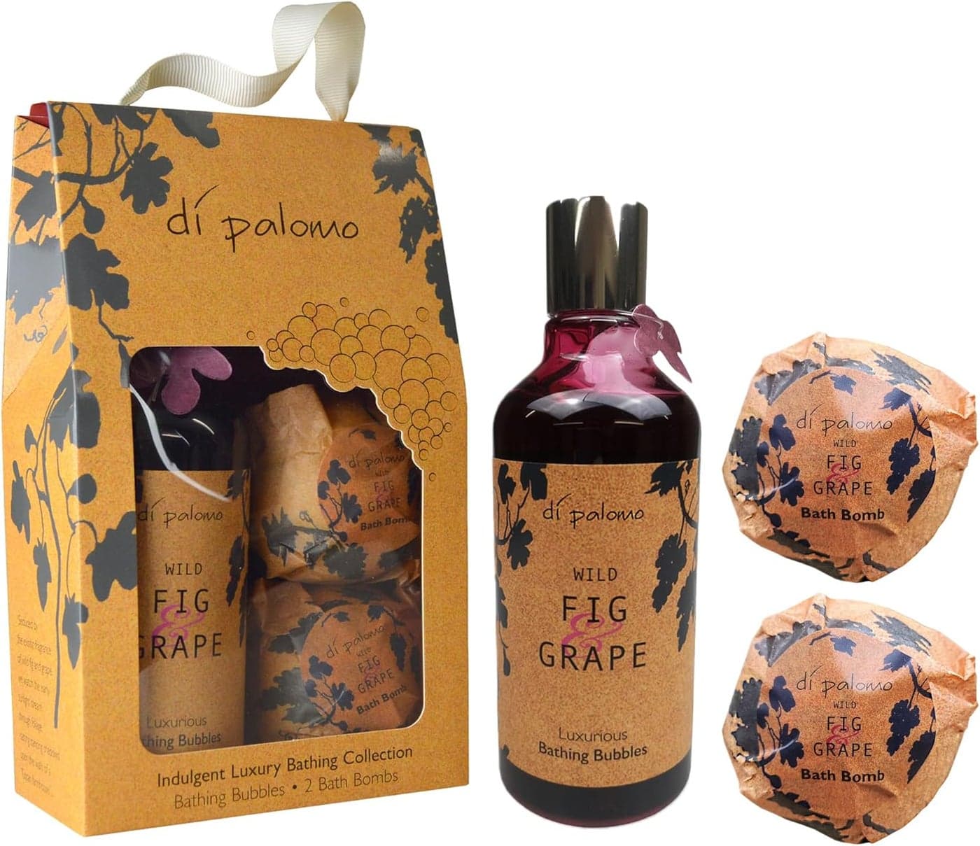 Di Palomo Vegan Wild Fig Grape Indulgent Luxury Bathing Collection Bathing Bubbles 300ml 2 Bath Bombs Bubble Bath Body Wash Bath Bomb Bath Set Vegan Bubble Bath Shower Gel Gifts for Women