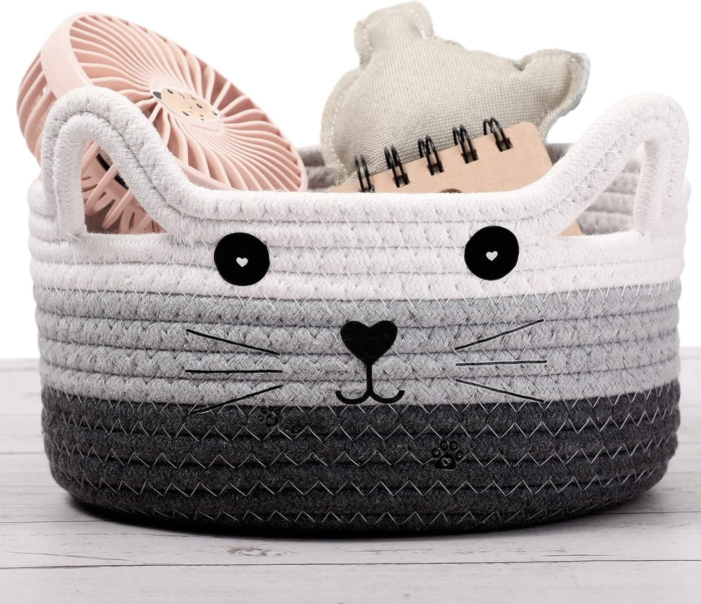 Zopeal Cat Basket Storage Woven Organizer with Ears Decorative Pet Toy Cute Cotton Rope Basket for Gift Cat Dog Toy Bin Nursery Room83 x 47 InchWhite Light Gray and Gray