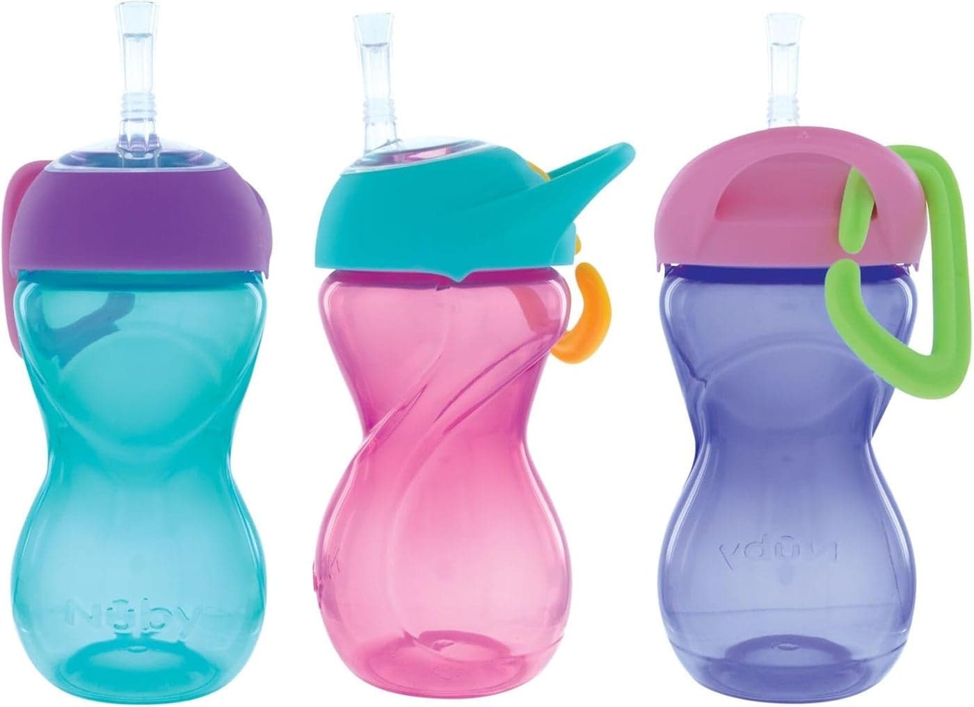 Nuby NoSpill ClikIt Flexi Straw Sippy Cup with Carabiner Clip 3Pack 10 oz Baby Sippy Cup for 6 Month Old with Easy Grip AquaPinkPurple