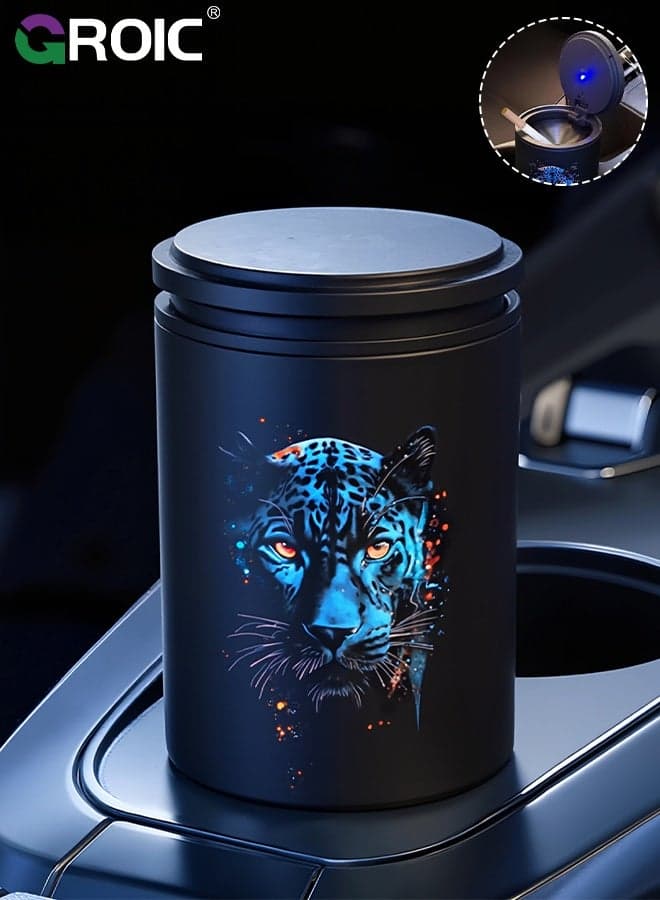 Car Ashtray, Portable Ashtray for Vehicle Cup Holders, Windproof Odor-Proof Car Interior Accessory with Anti-Spill Design, Black Panther Car Ashtray with Lid, Mini Metal Bin, Small Garbage Can