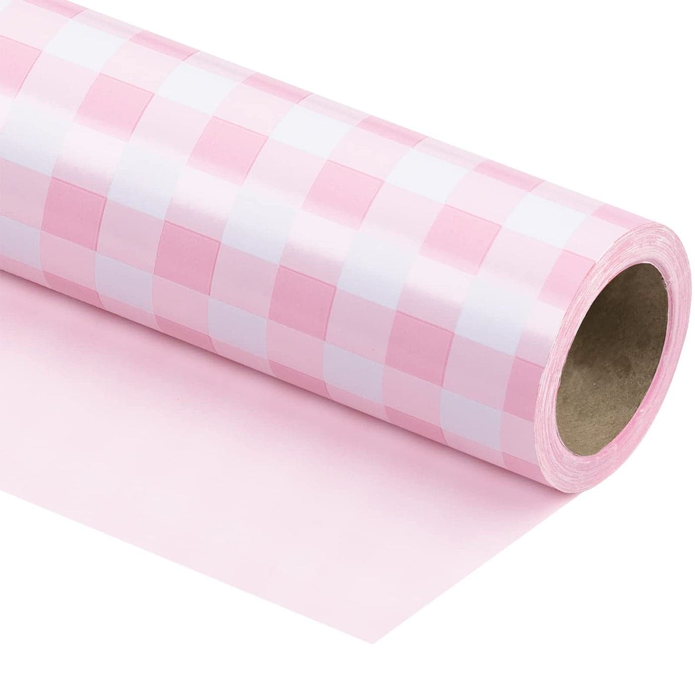 WRAPAHOLIC Reversible Wrapping Paper Mini Roll 17 Inch X 33 Feet Pink and White Plaid Design for Birthday Holiday Wedding Baby Shower