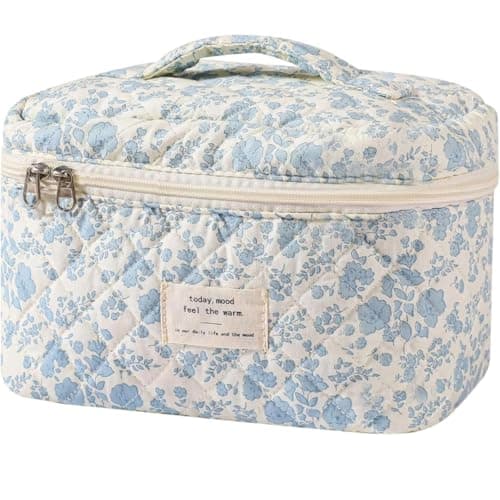 Sprqcart Makeup Bag Set for Women Cotton Quilted Cosmetic Pouch with Zipper- Medium Floral Toiletry Organizer Travel Kit for Skincare Hair Accessories | Pack of 1, Blue & White