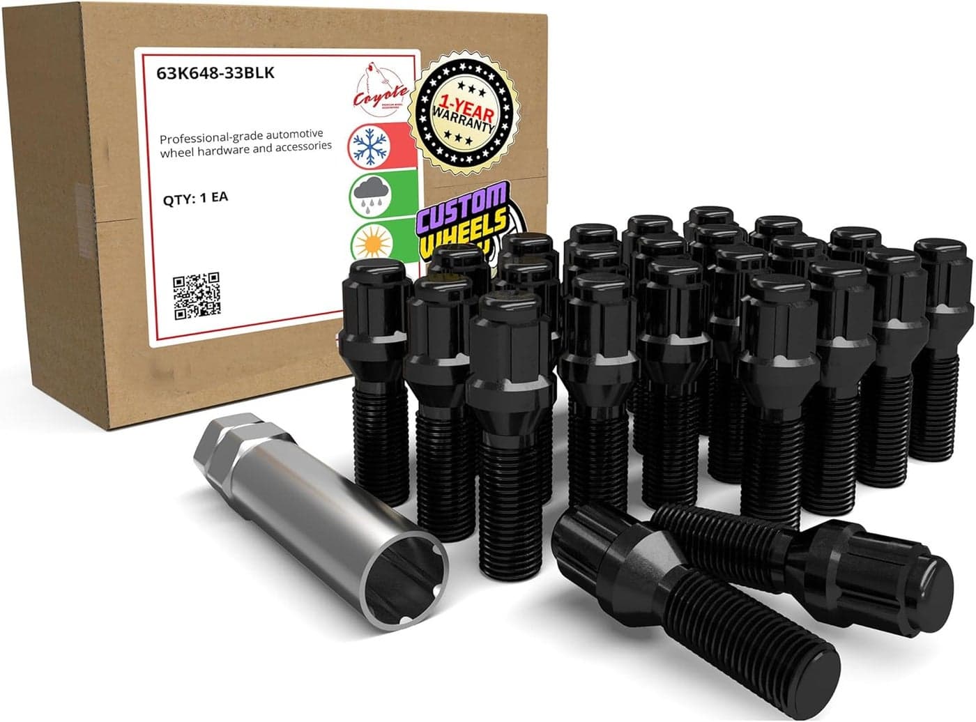 Coyote Professional-Grade Wheel Lug Bolts - 24 PC M14x1.5 33mm Black Spline Lug Bolt Set