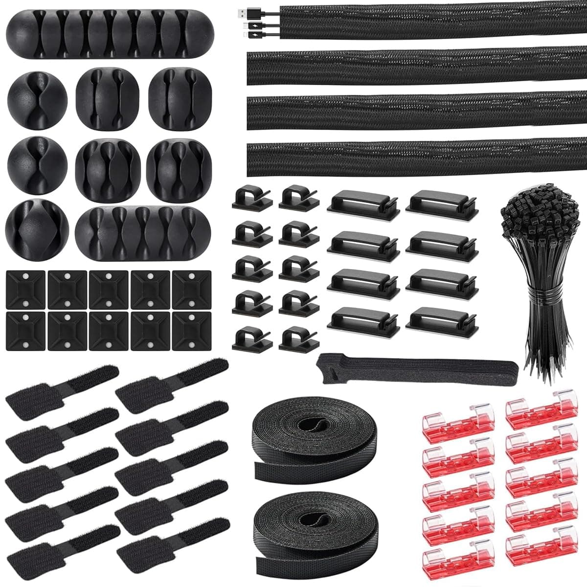 HASTHIP 173 Pcs Cable Management Organizer Kit with 4 Split Cable Sleeve 47 Self Adhesive Cable Clips Holder 10 Cable Ties 10 Adhesive Wall Cable Tie 100 Fasten Cable Ties 2 x Roll Cable Ties