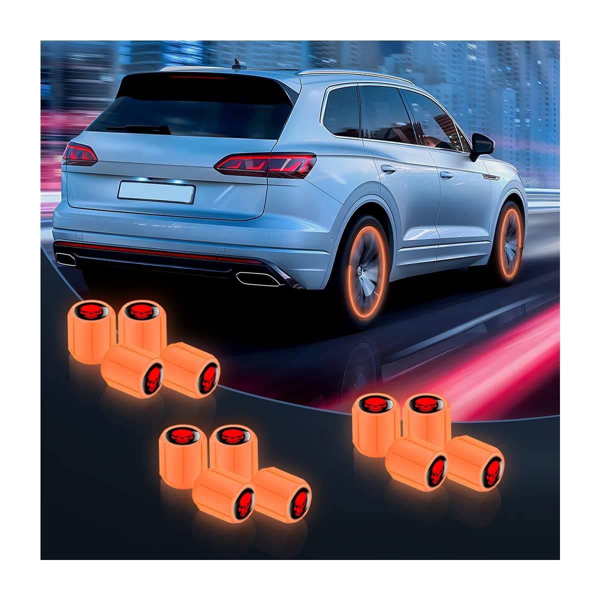 Luminous Auto Tire Valve Stem Caps 12PCS Skull Illuminated Wheel Valve Stem Cover Night Glow Wheels Cap Corrosion Resistant Fluorescent Tire Valve Caps Fit for Cars SUVs Trucks Bikes Orange