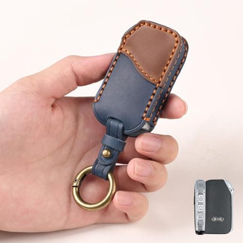 keyzone Dual Leather Key Cover fit for Kia Carens Clavis, Seltos, Sonet 2023 Facelift Carens 4 Button smart Key (Blue-Brown)