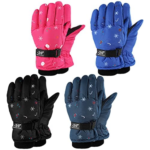 Hicarer 4 Pairs Winter Gloves for Kids Waterproof Snow Ski Gloves Warm Unisex Camouflage Clothes for Cold Weather Girls Boys Children(Dark Blue, Pink, Black, Blue,6-12 Years Old)