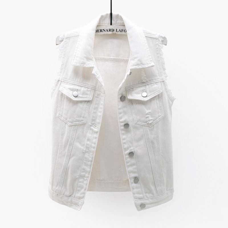 Multicolor Denim Vest For Women, Short Fashion Versatile Slim Fit Raw Edge Sleeveless Jacket With Holes
