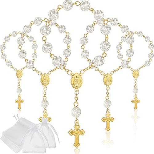 Jadive 30 Pieces Mini Rosaries Baptism Rosary Beads Finger Baptism Rosaries Bulk with Organza Bags for First Communion Christening Christmas Weddings Party Favors (Gold)