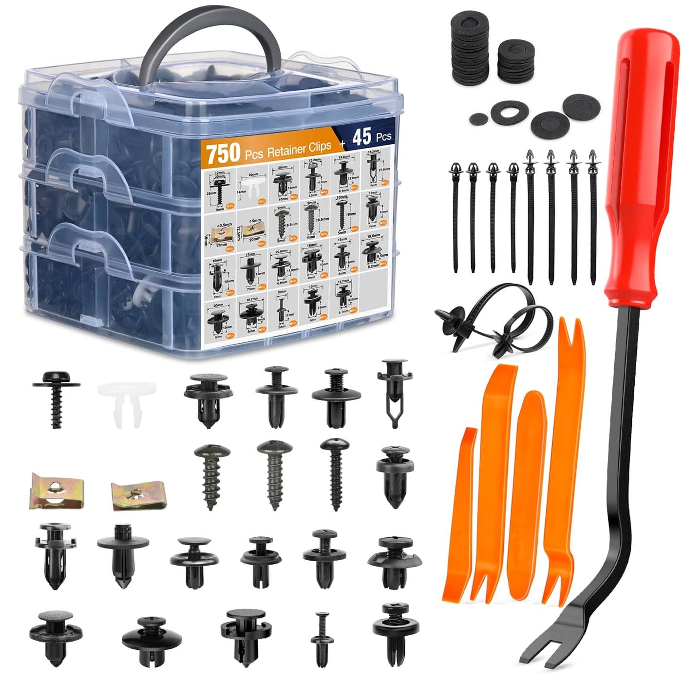 GOOACC 795Pcs Car Push Retainer Clips Auto Fasteners Assortment 23 Most Popular Sizes Nylon Bumper Fender Rivets Metal Screw Pin Kit with 10 Cable Ties Remover for Toyota GM Ford Honda Chevy