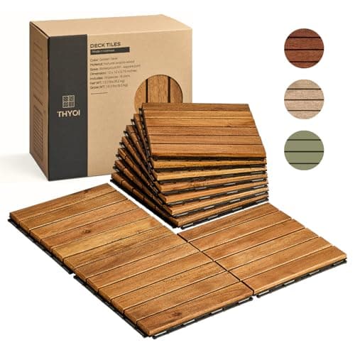THYOI Deck Tiles, Patio Flooring - Outdoor Waterproof Acacia Wood Tiles for All Weather Use - Balcony, Backyard, Indoor & Outdoor (Golden Teak Striped Pattern, 10 Pcs - 10 Square Ft)