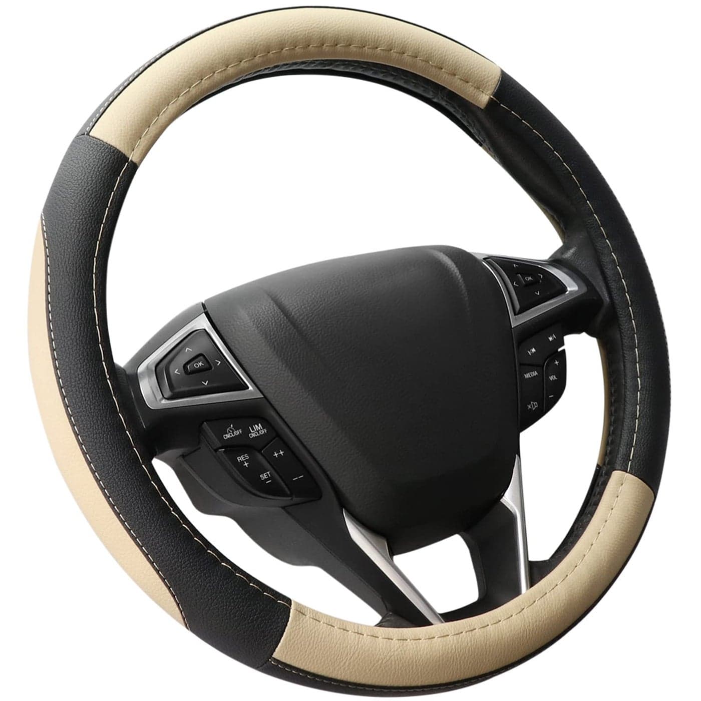 SEG Direct Car Steering Wheel Cover Universal Standard Size 14515 inch Black and Beige Microfiber Leather