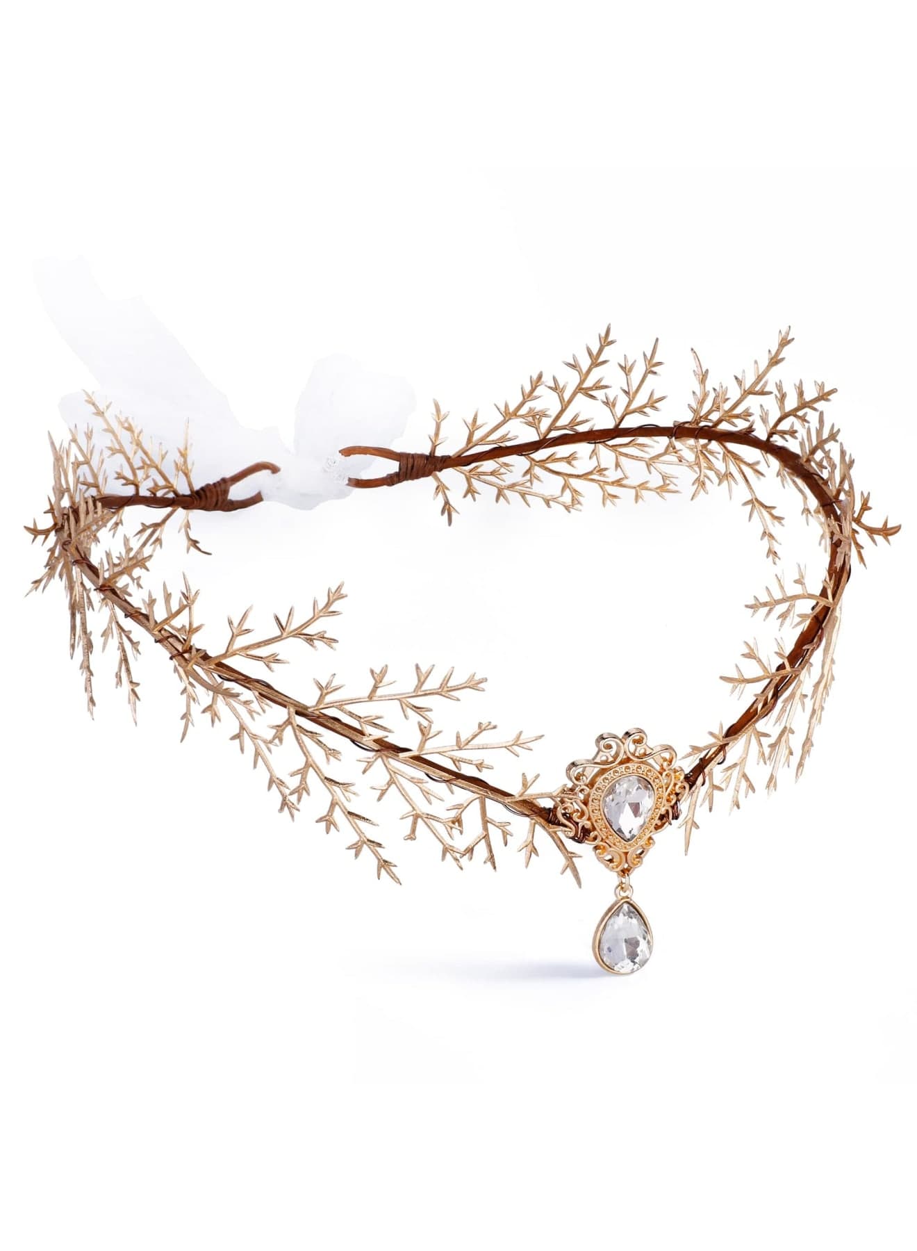 Gold Elf Flower Crown - Handmade Fairy Floral Headband Woodland Elven Headpiece with Rhinestone Accessory for Women Girls Wedding Cosplay Prom Photoshoot