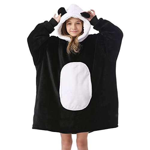 Kipswiza Panda Blanket Hoodie for Kids 6-13 Birthday Gifts, Soft Cozy Sherpa Oversized Wearable Blankets Big Hooded Sweatshirt with Ears & Pockets for Girls Boys (Black & White)